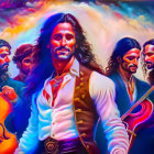 Multiple Instances of Man with Long Dark Hair Playing Musical Instruments on Vibrant Painting