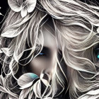 Stylized women with fantasy makeup and glowing elements on dark floral background