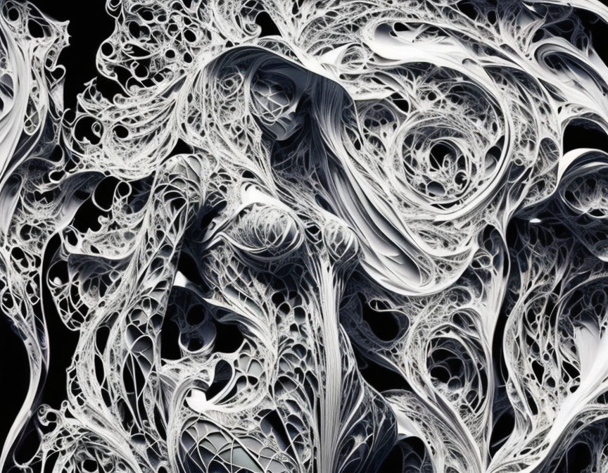 Intricate Black and White Digital Artwork with Swirling Patterns