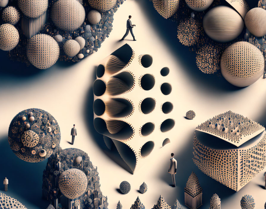 Surreal landscape with floating spheres and geometric platforms