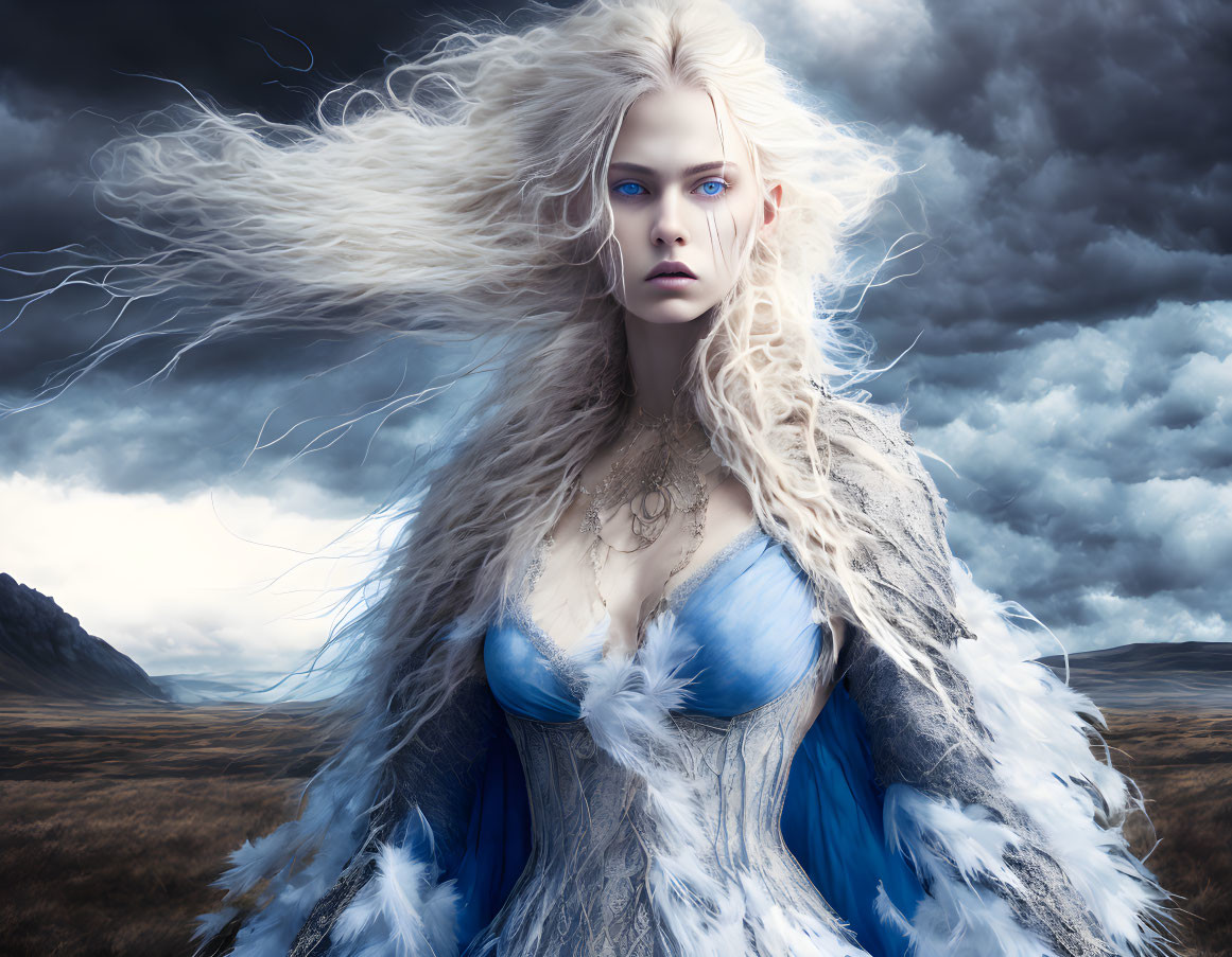 Pale-skinned woman in white hair and blue gown under stormy sky