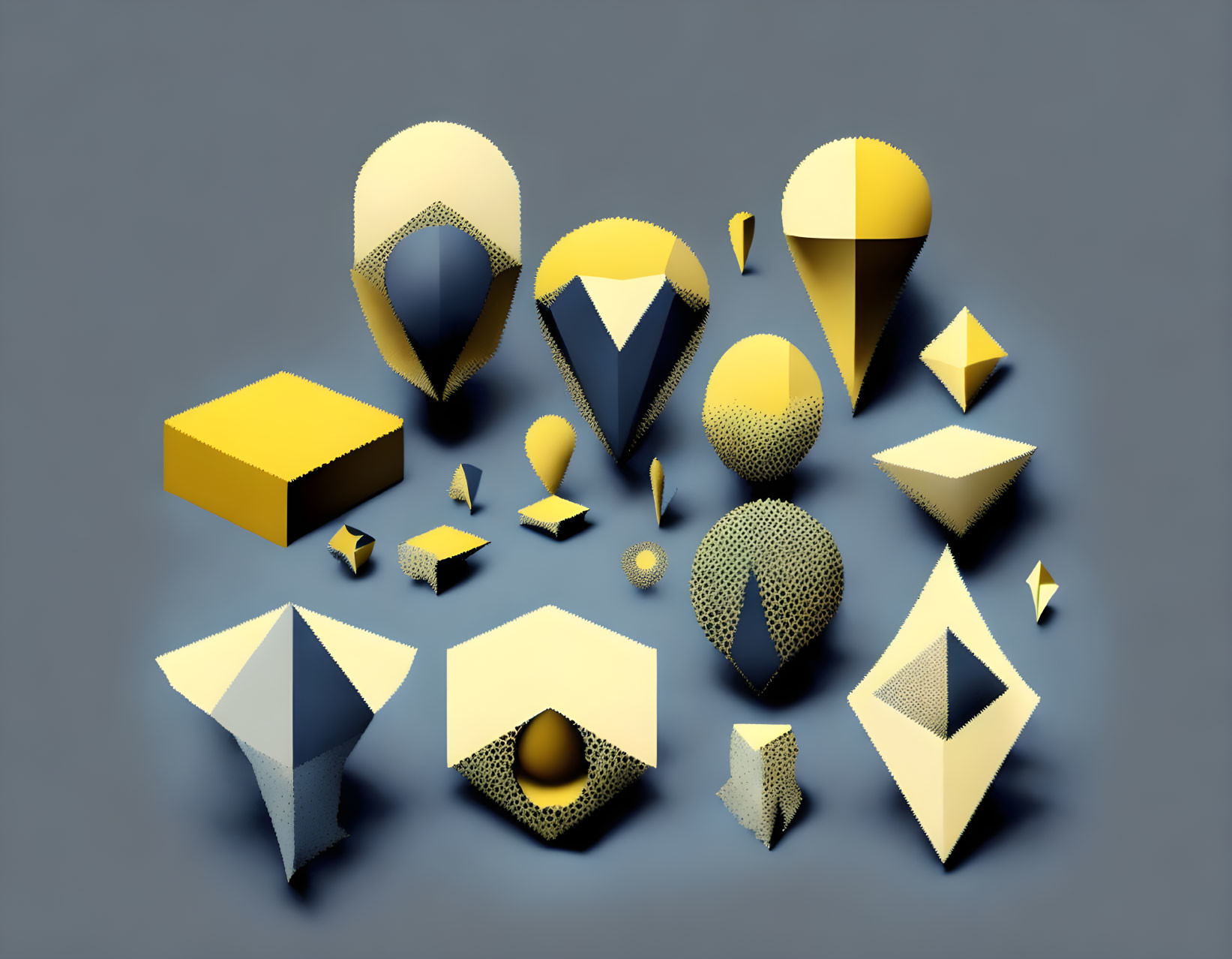 3D geometric shapes in yellow, black, and white on gray background