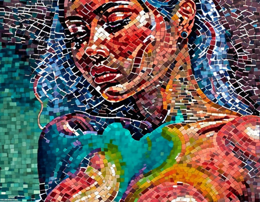 Vivid blue, red, and green tones in abstract mosaic profile