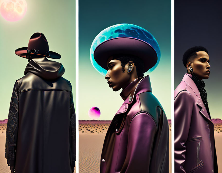 Stylized futuristic outfit images with moons and sun poses