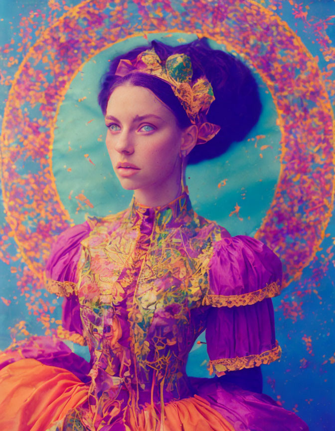 Victorian dress woman poses against colorful backdrop