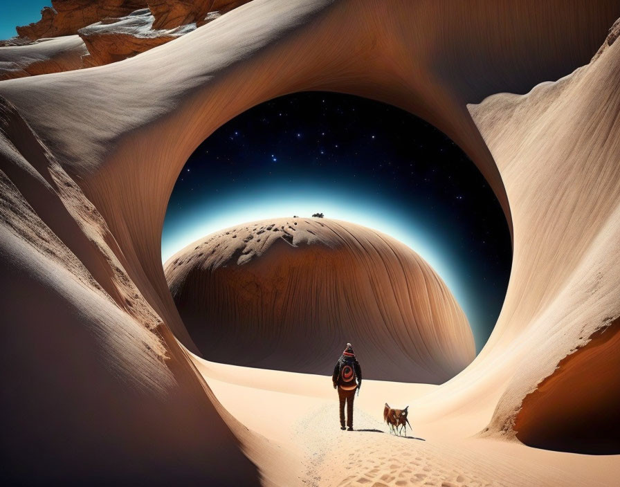 Person and dog in surreal desert landscape with circular opening to starry sky and planet