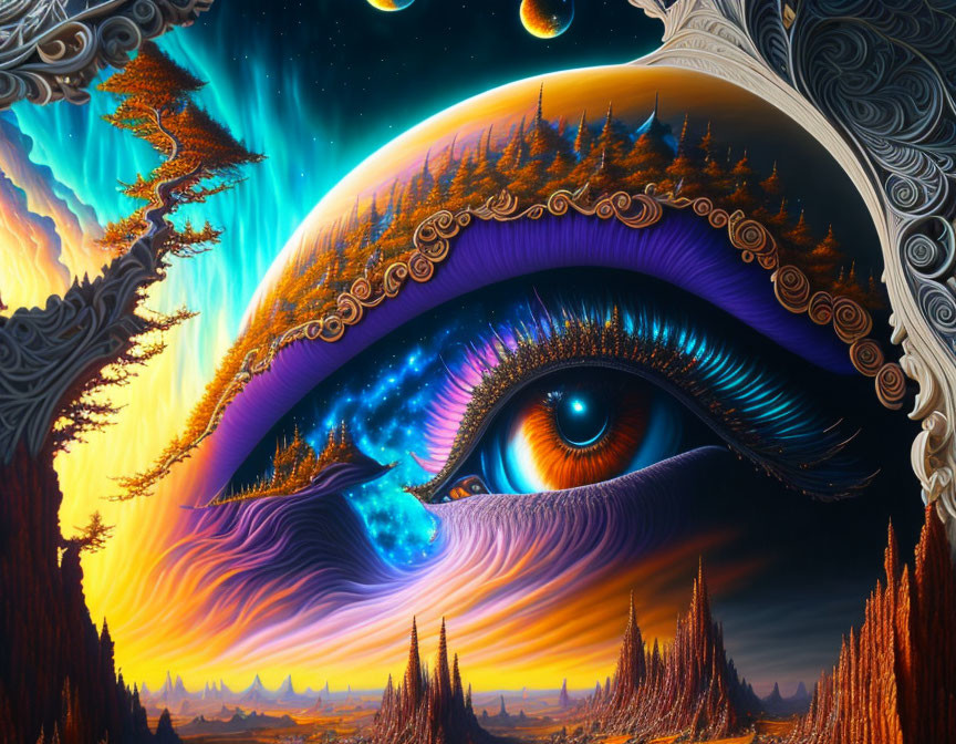 Vibrant eye in surreal cosmic and fantasy landscapes