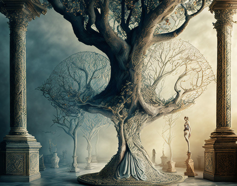 Majestic tree with intricate branches and contemplative figure in ethereal artwork