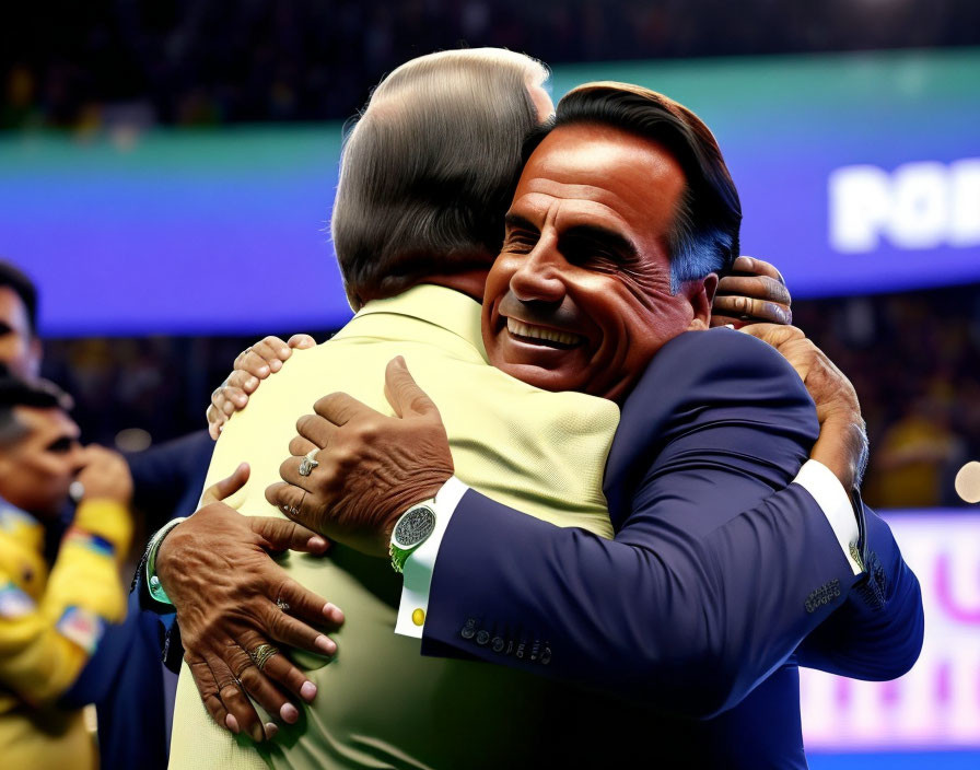 Men embracing in heartfelt hug at indoor event.