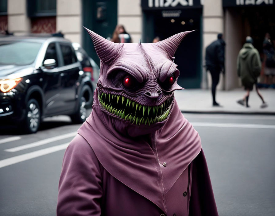 Person in purple cloak with mask on city street.