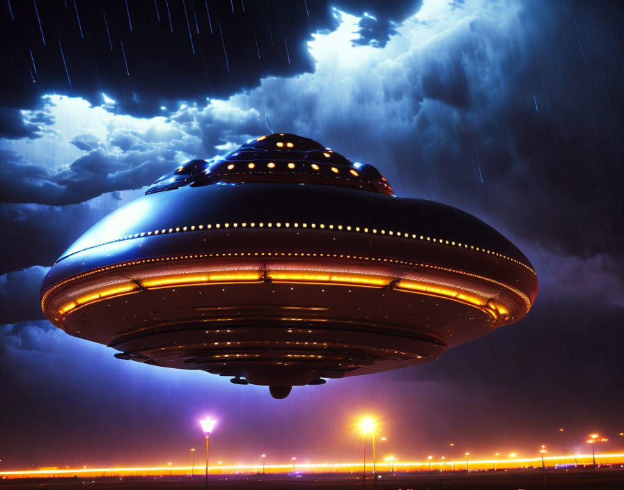 Mysterious UFO with circular lights in stormy skies