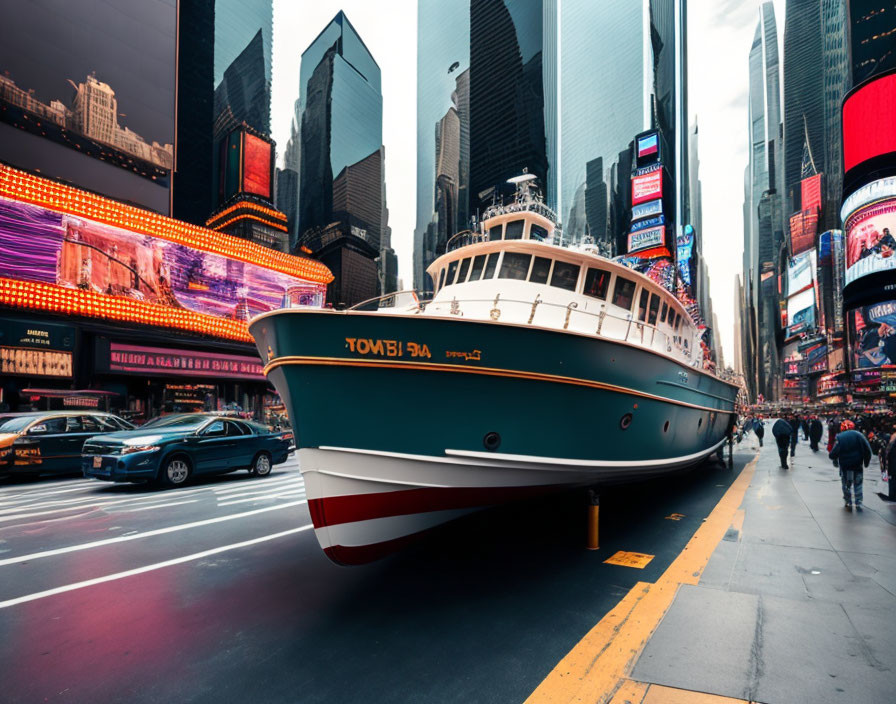 Boat on city street surrounded by neon billboards and skyscrapers