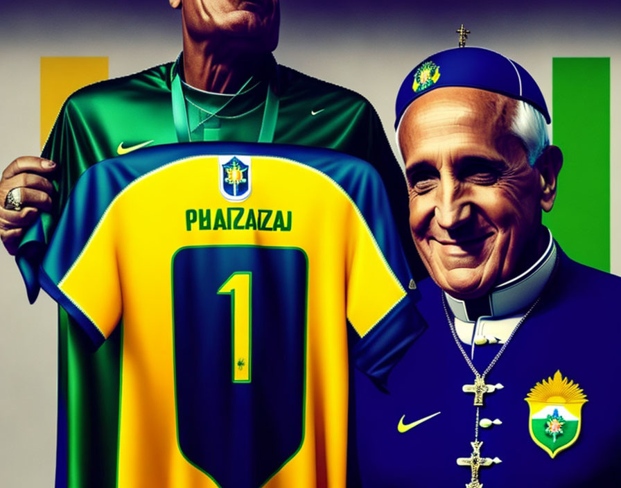 Brazil football jersey figure and clergyman in soccer-themed setting