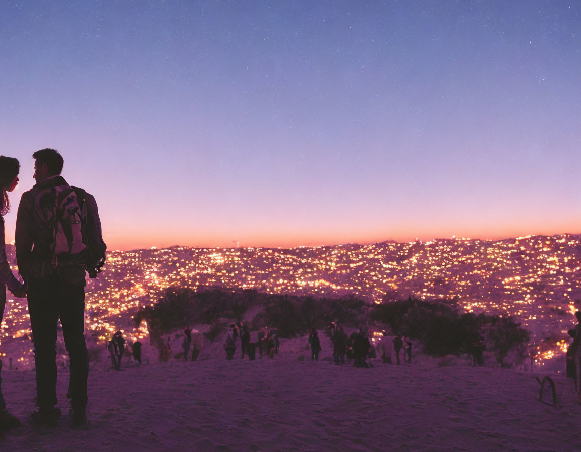 Silhouetted couple overlooking cityscape at twilight