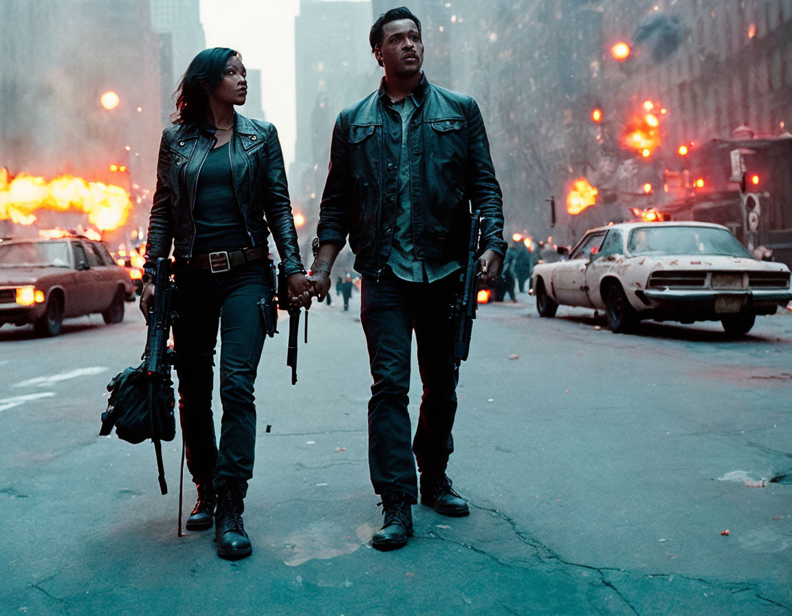 Two people in leather jackets navigate a chaotic street with burning vehicles and debris.