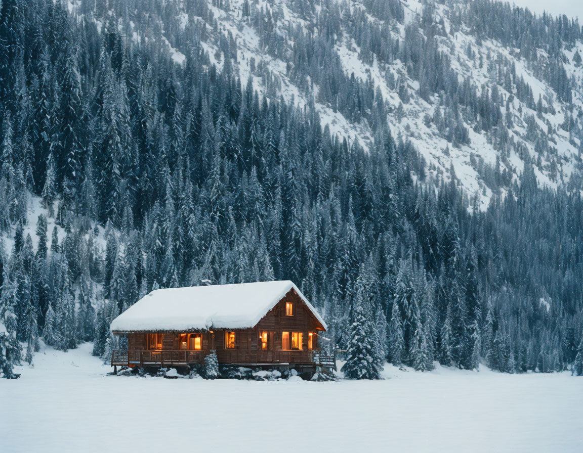 Snowy Forest Cabin Nestled in Mountain Base