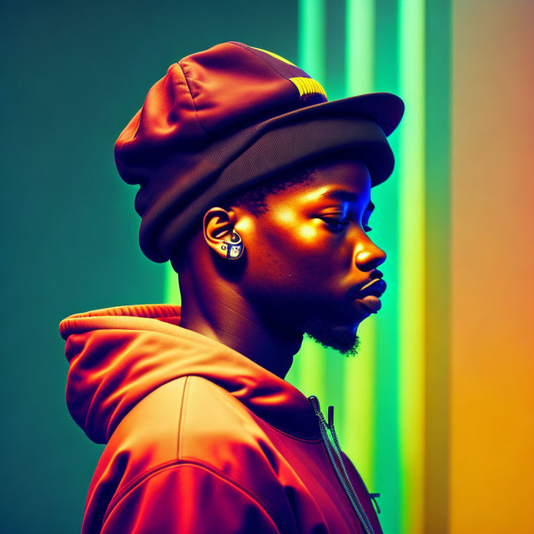 Profile view of person with cap and earring against neon-lit background