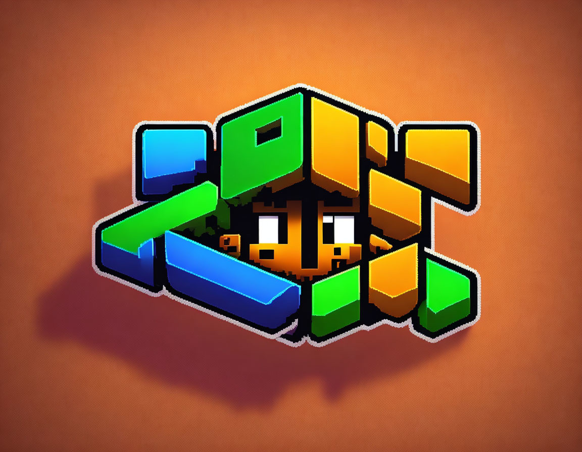 Stylized 3D logo with block letters "SPIN" and pixelated face on orange