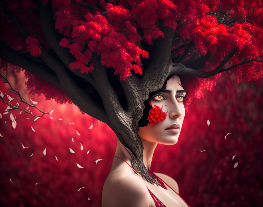 Portrait of woman with tree trunk and red leaves against red backdrop