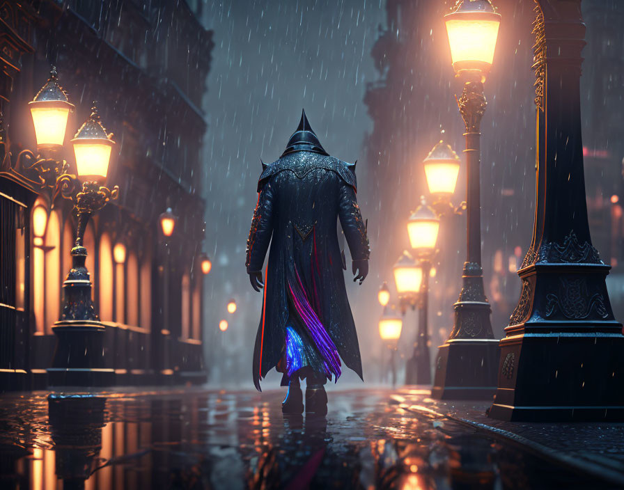 Cloaked figure walking on rainy, lamp-lit cobblestone street