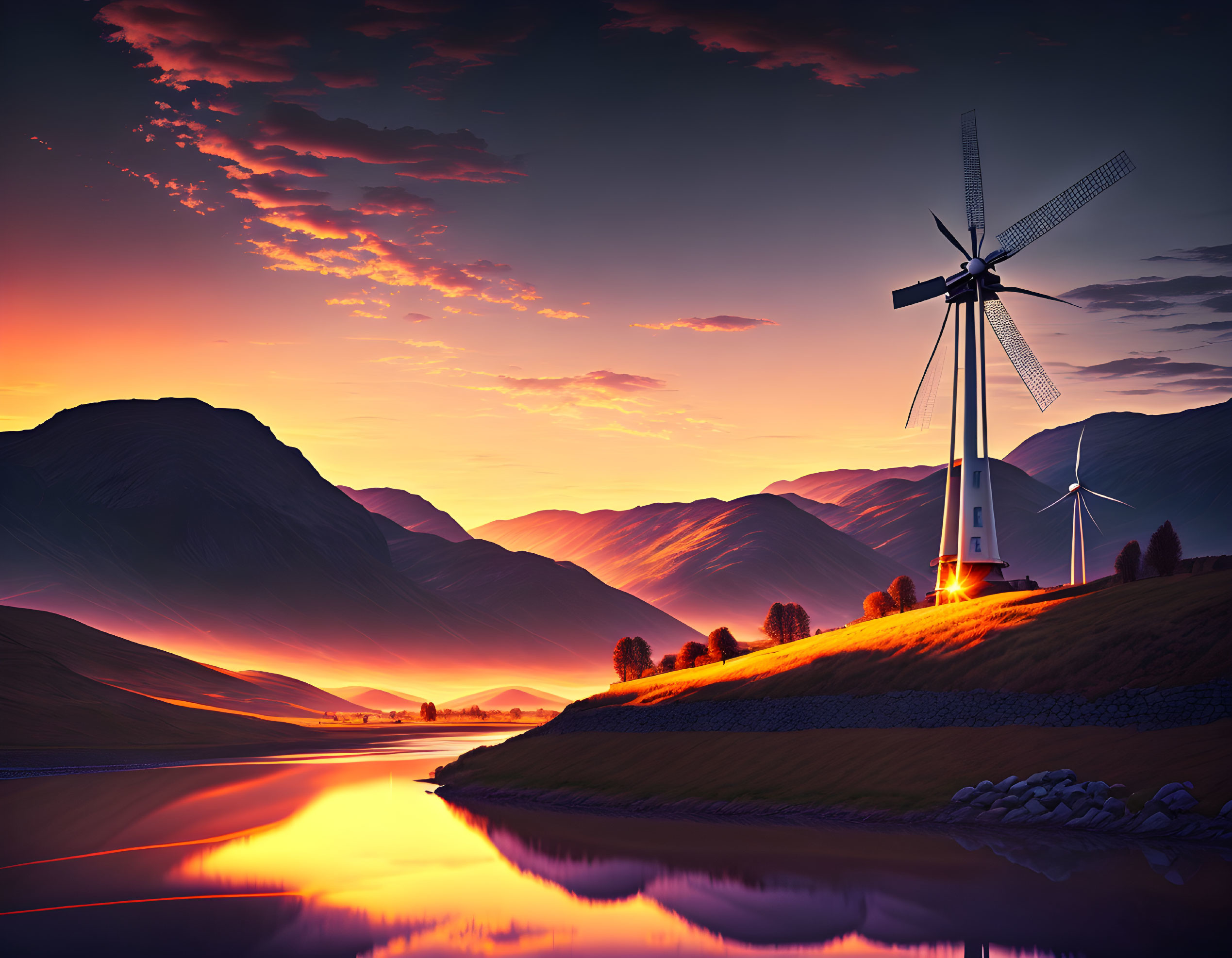 Scenic sunset over river with windmill, hills, and reflective water