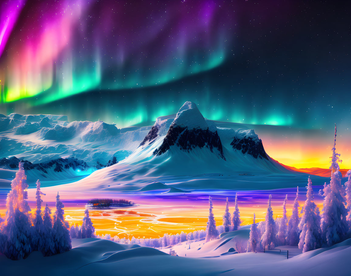 Colorful aurora borealis over snowy landscape with mountains, forest, and river.