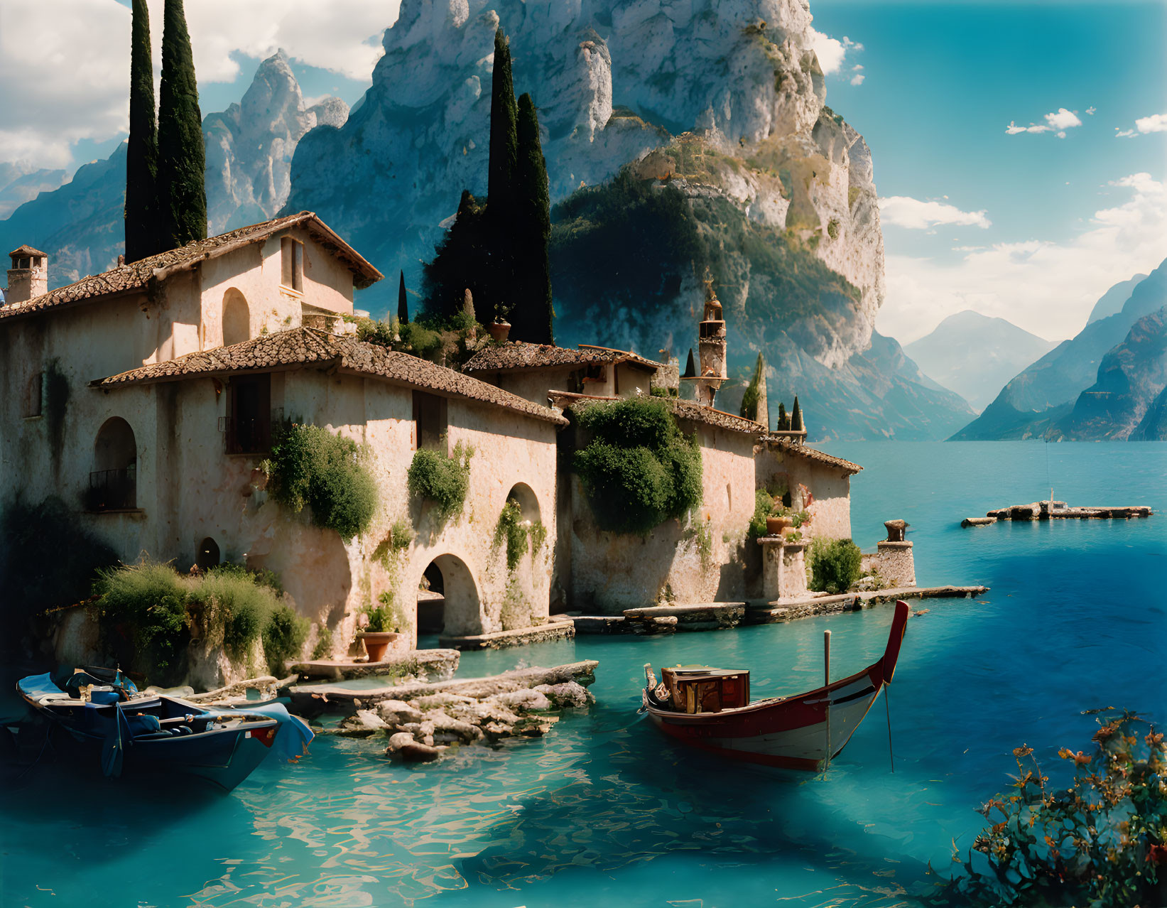 Scenic lakeside villas with terracotta roofs and moored boats by calm blue waters