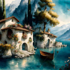 Scenic lakeside villas with terracotta roofs and moored boats by calm blue waters