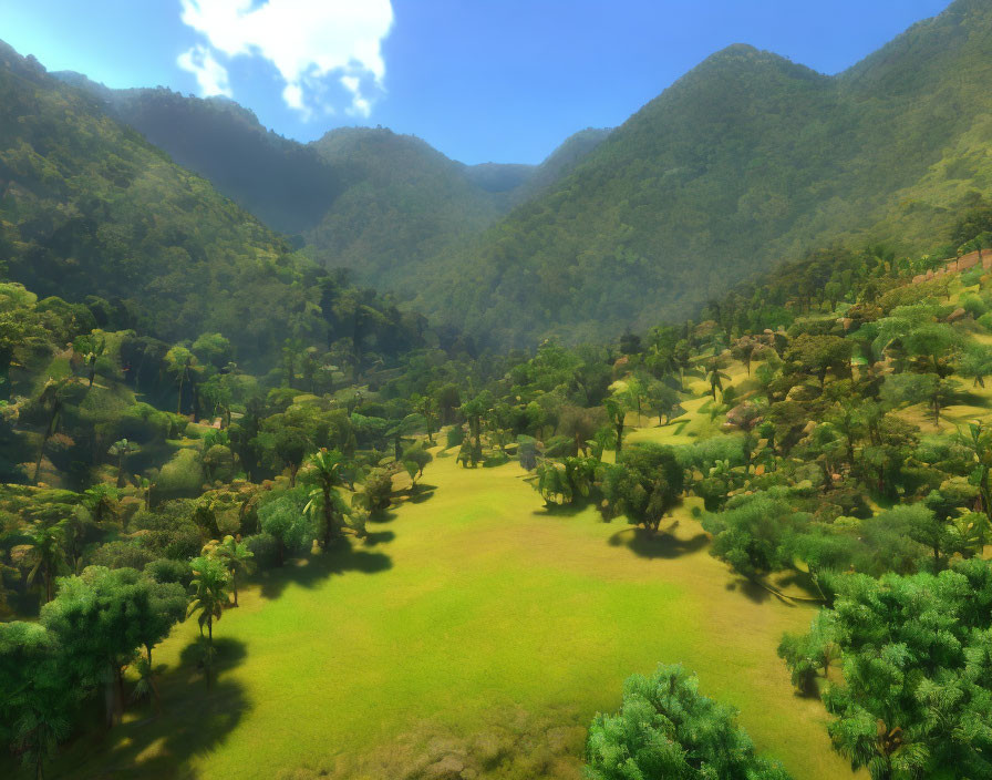 Scenic green valley with trees, grassland, and mountains under clear sky