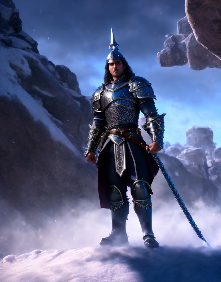 Warrior in Ornate Armor with Flail Weapon in Snowy Mountain Landscape