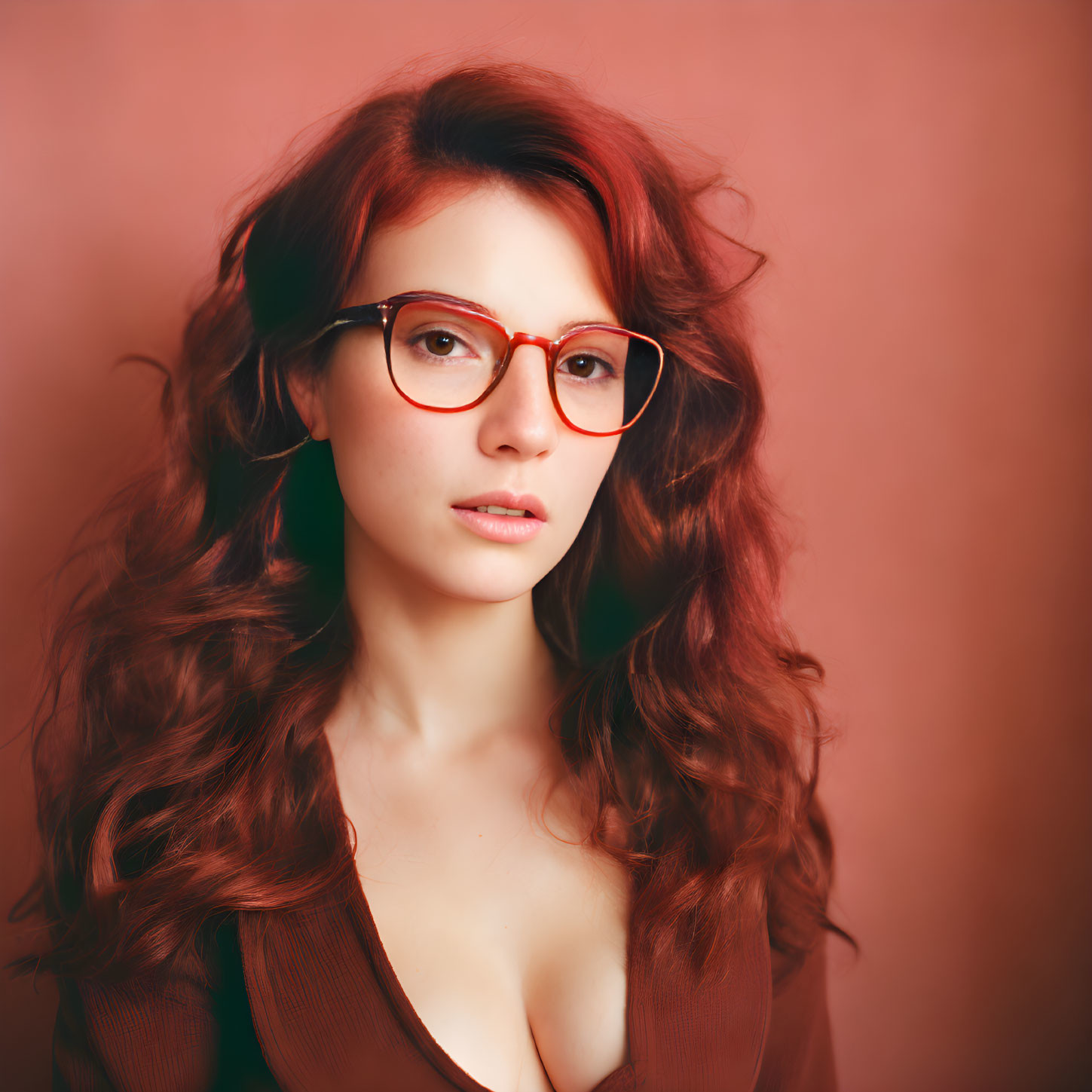 Wavy Auburn-Haired Woman in Red Glasses on Warm Background