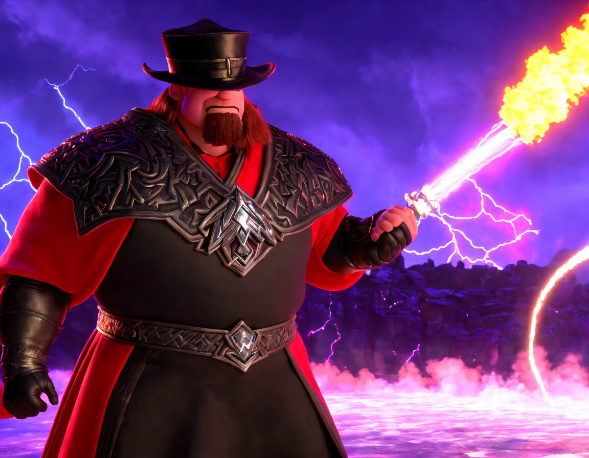 Animated character in red cloak and black armor wields fiery sword amid lightning and lava