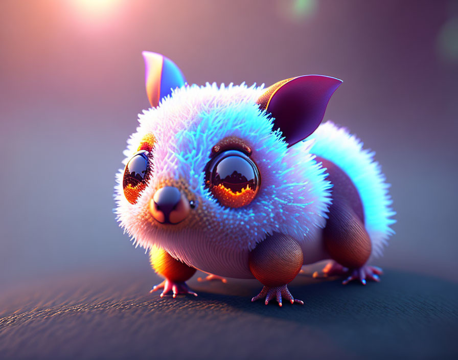 Colorful Stylized Illustration of Cute Furry Creature with Large Eyes and Bat-like Ears