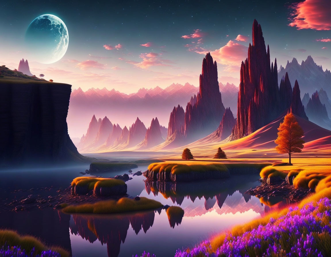 Vibrant surreal landscape with towering rock formations and large moon