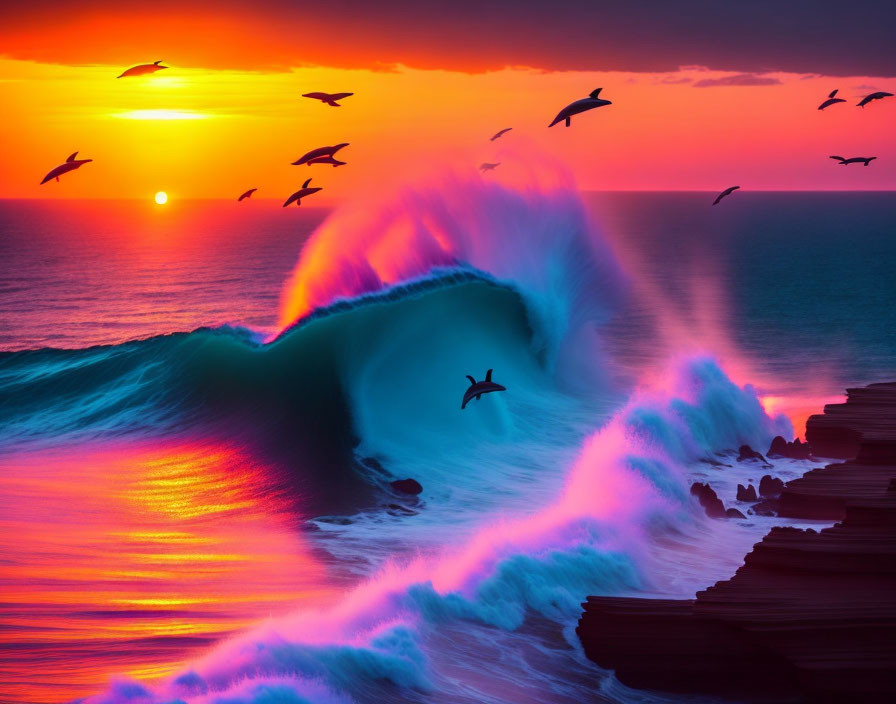 Colorful ocean sunset with large wave and flying birds.