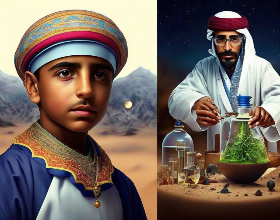 Middle Eastern alchemy scene with boy and man in desert