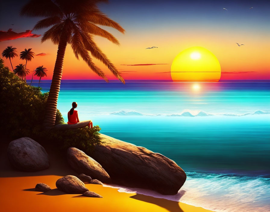 Person relaxing under palm trees on tranquil beach at sunset with ocean view and birds in sky