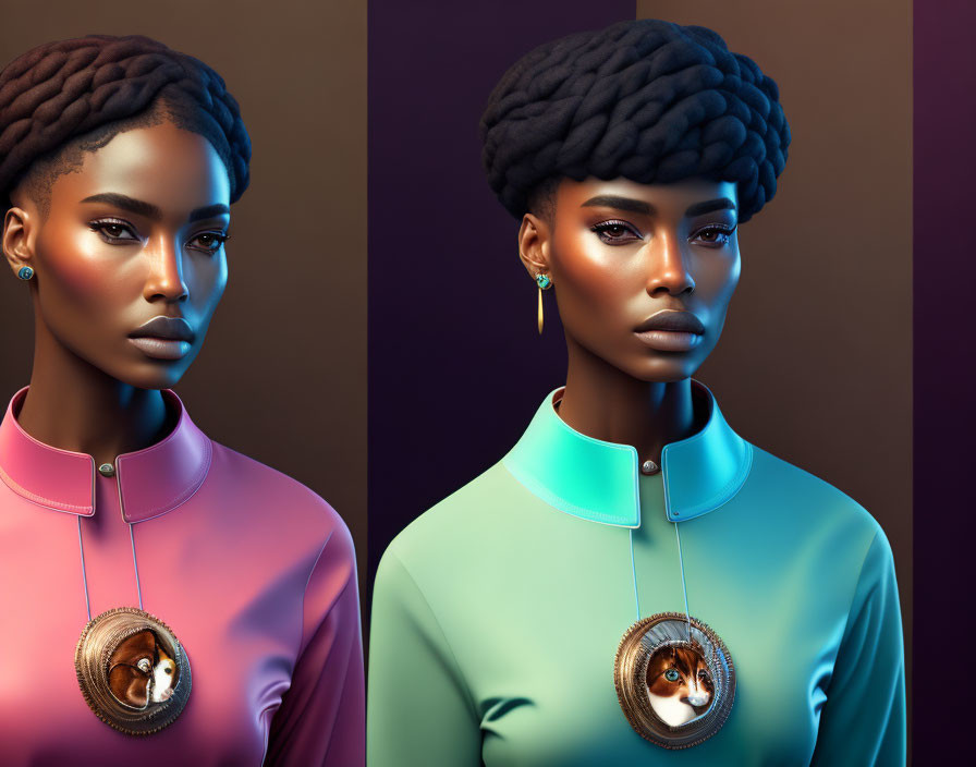 Stylized 3D-rendered figures with intricate hair and sleek outfits