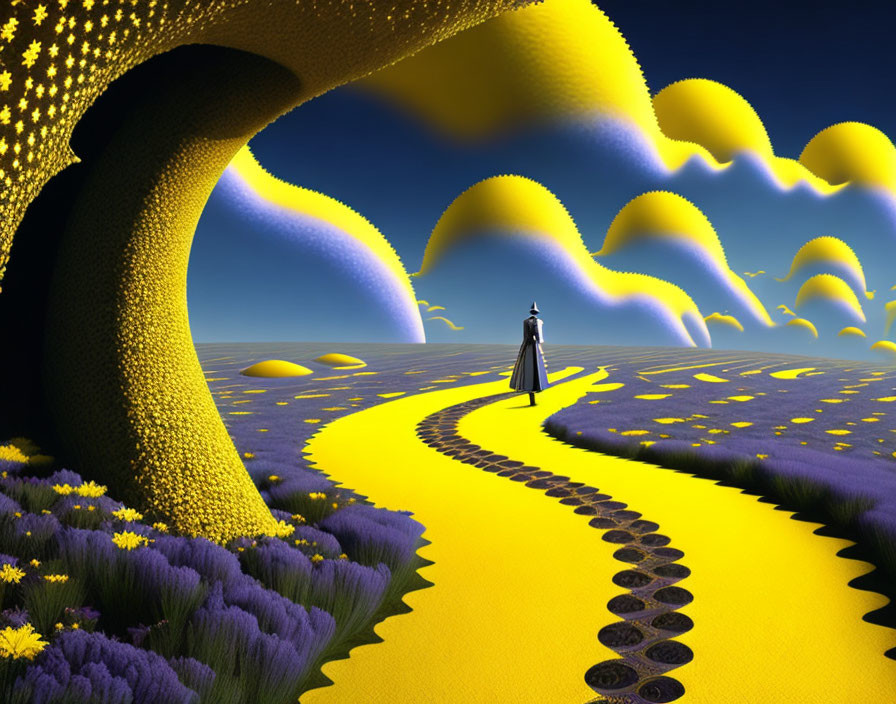 Cloaked figure on yellow brick road in surreal landscape