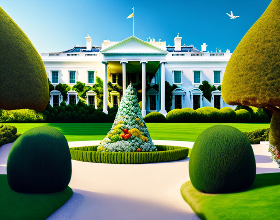 Colorful White House landscape with manicured shrubbery and flower bed under clear blue sky