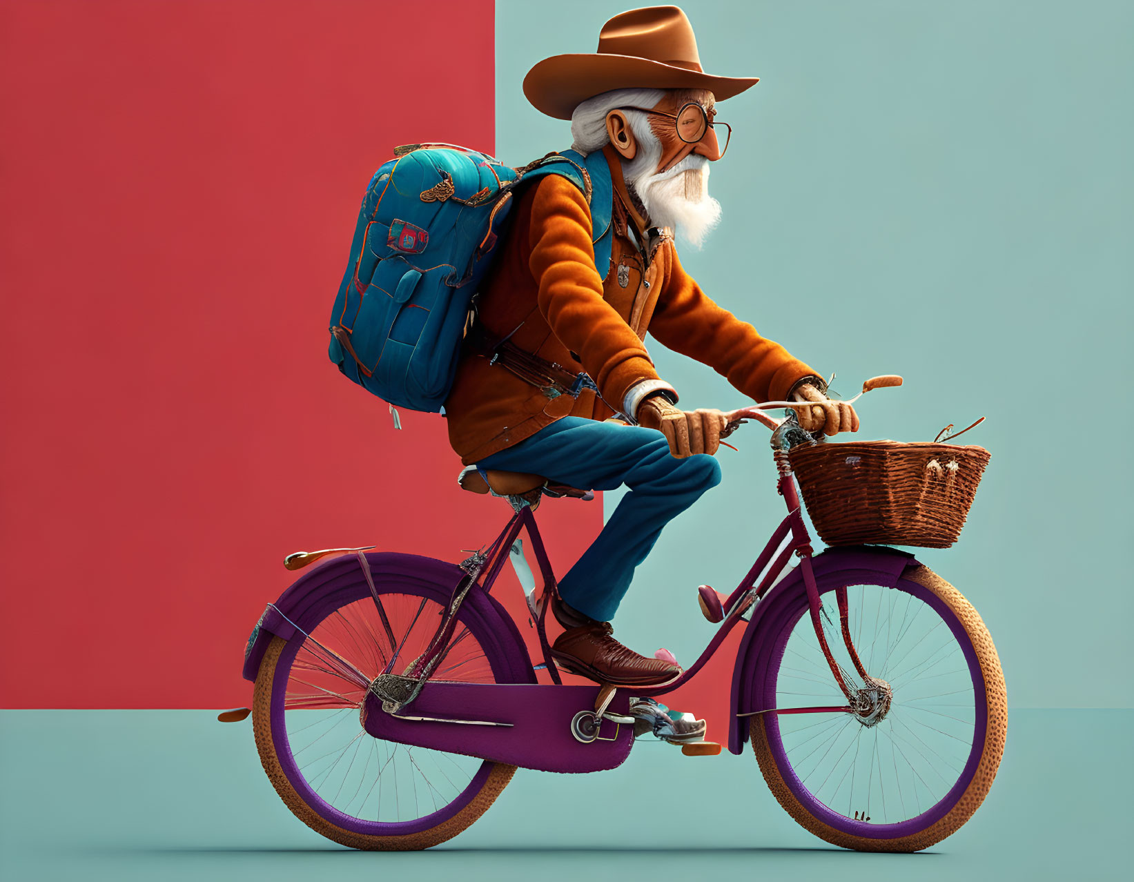 Elderly man on purple bicycle with orange attire and blue accessories against red and teal backdrop