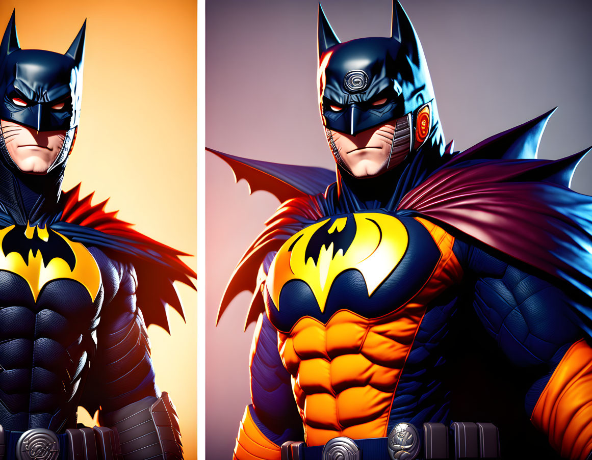 Stylized Batman illustrations: dynamic pose and close-up of iconic cowl and emblem