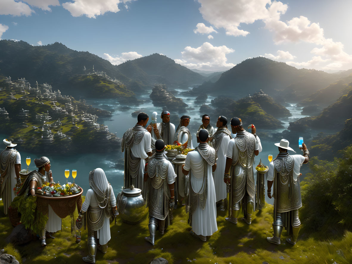 Ceremonial Attire Group Overlooking Majestic Valley with Lakes