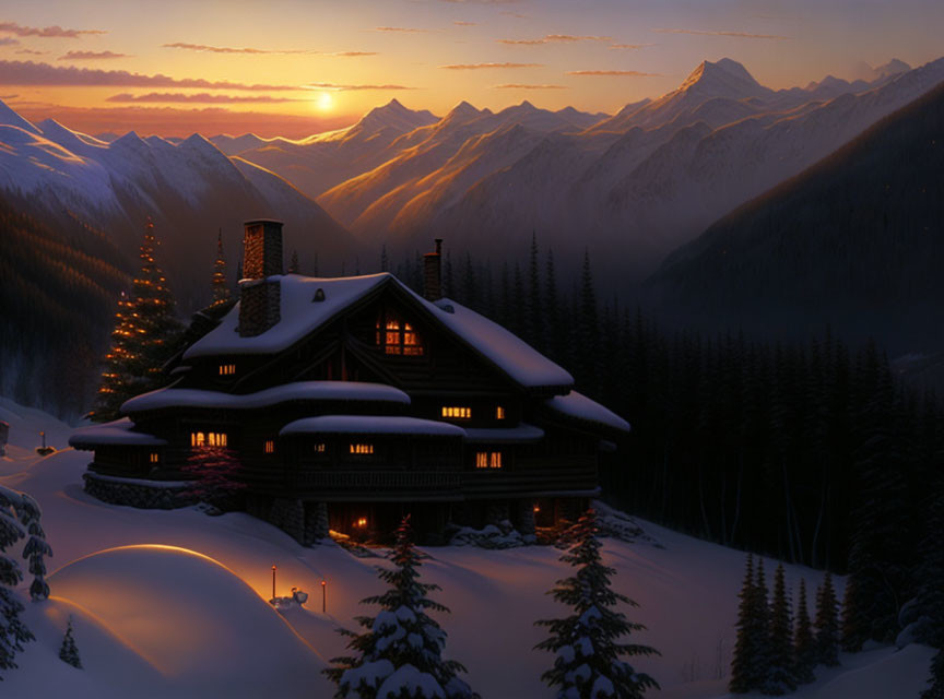 Snowy Mountain Sunset: Cozy Cabin with Illuminated Windows