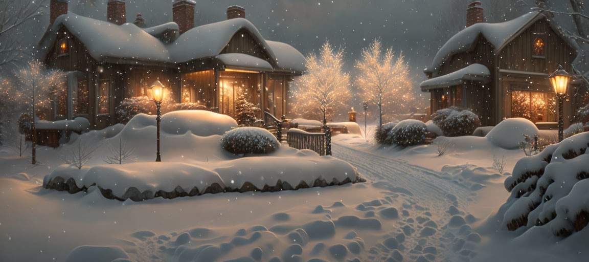 Snow-covered houses and illuminated trees in a cozy winter scene