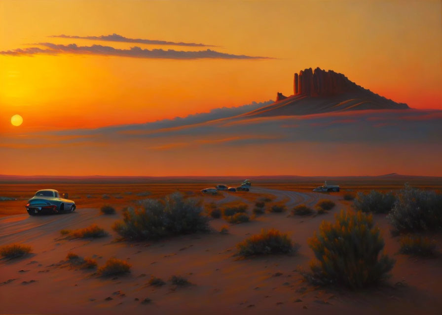 Classic cars in desert sunset with rock formation and orange sky