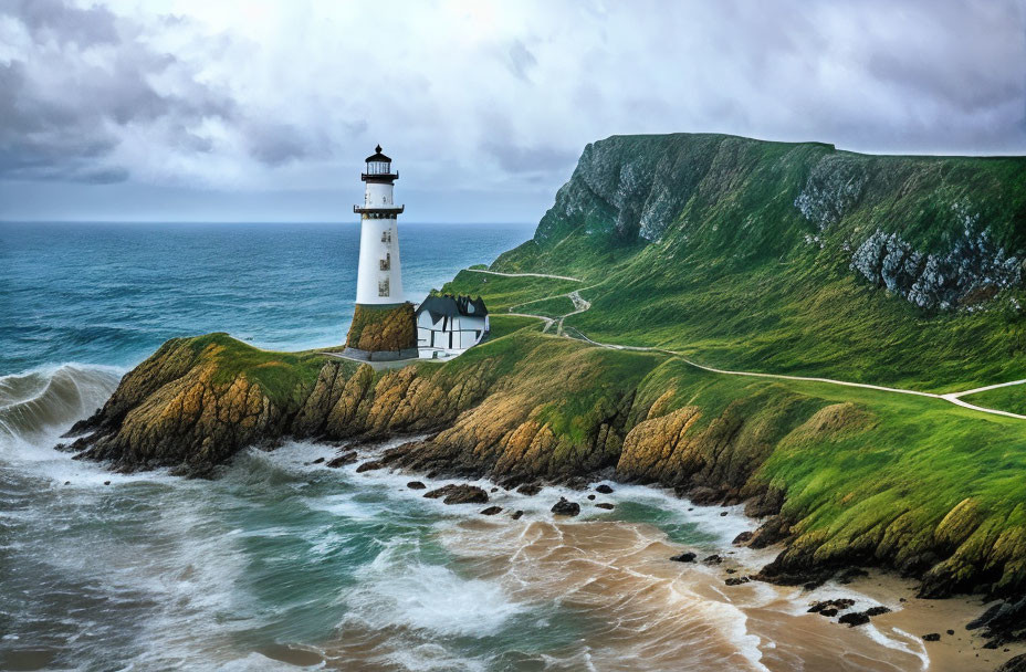 Scenic lighthouse on rugged headland with green cliffs