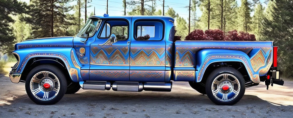 Blue Classic Truck with Yellow and Red Patterns, Six Wheels, Extended Cargo Bed, Loaded with Red Gr