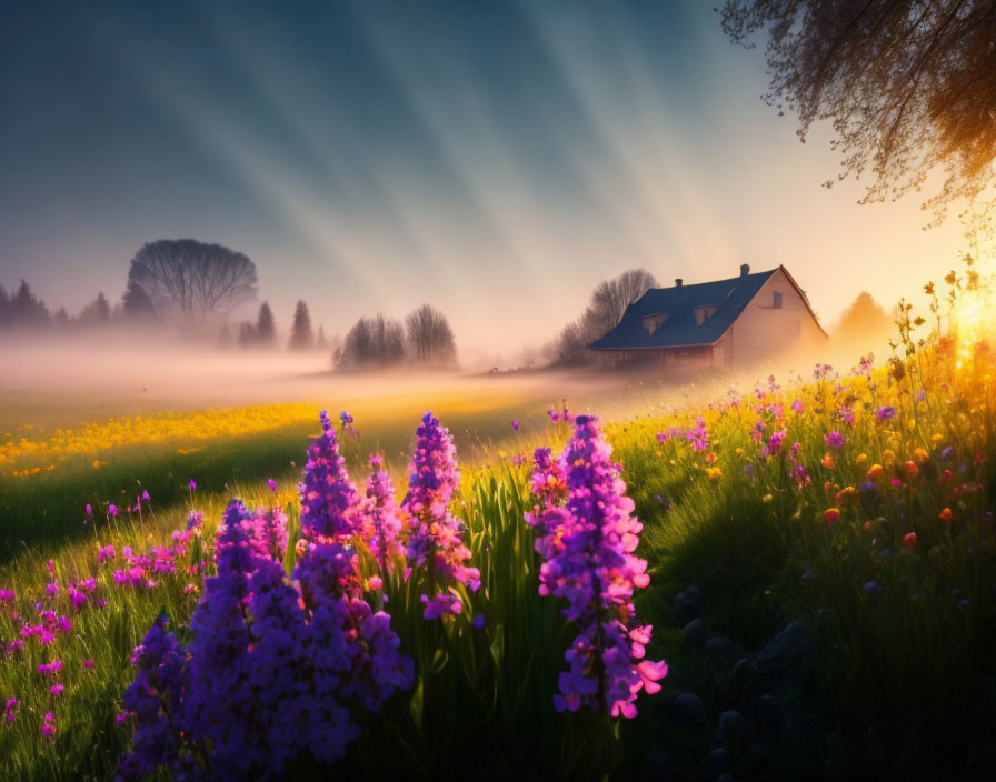 Tranquil sunrise scene with purple and yellow wildflowers and misty trees by a house