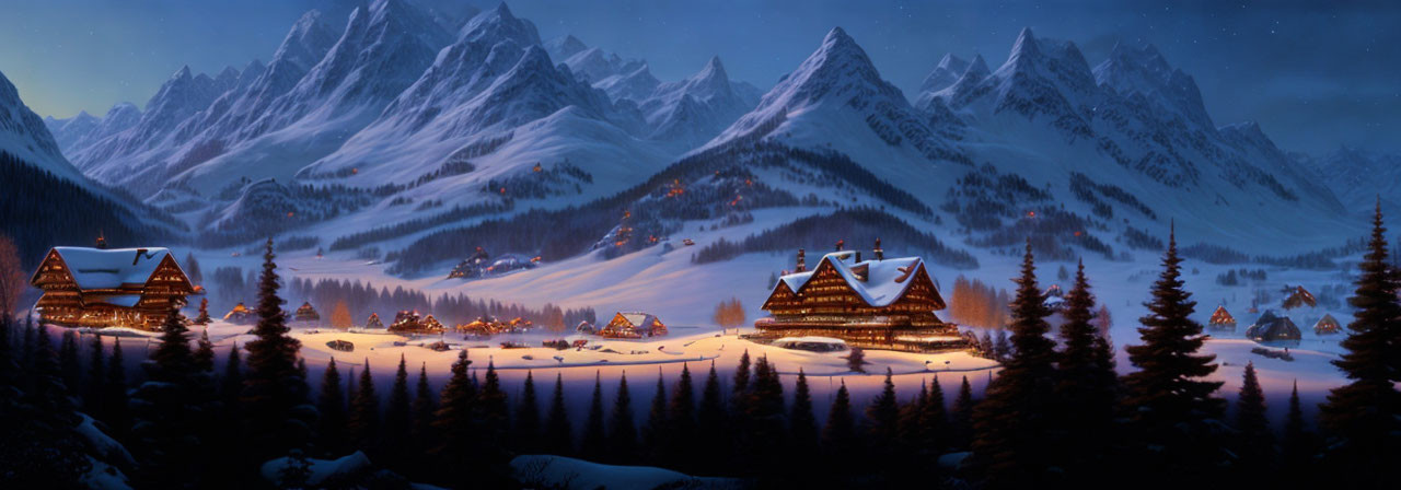 Scenic snow-covered mountain village at dusk